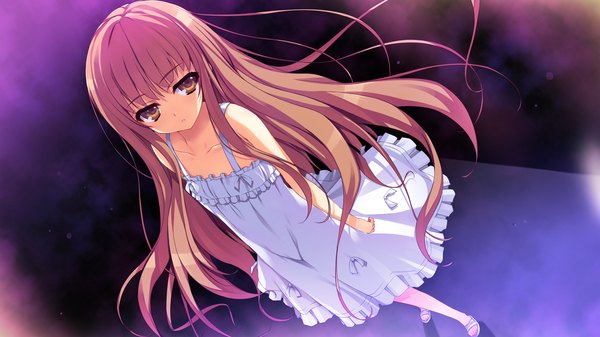 Anime picture 2560x1440 with reminiscence tomose shunsaku single long hair looking at viewer highres brown hair wide image brown eyes game cg girl sundress