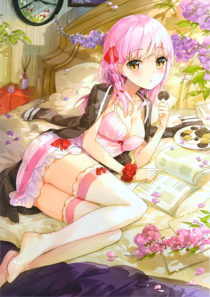 Anime picture 2141x3031 with original fuumi (radial engine) single long hair tall image blush fringe highres breasts light erotic holding yellow eyes looking away pink hair lying braid (braids) :o no shoes clothes on shoulders girl