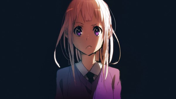 Anime picture 1600x900 with original tom skender single long hair looking at viewer fringe blonde hair simple background wide image purple eyes girl uniform school uniform necktie