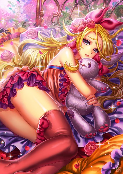 Anime picture 706x1000 with original coga single long hair tall image looking at viewer fringe blue eyes light erotic blonde hair holding signed bent knee (knees) lying nail polish hair flower fingernails sparkle hug on side