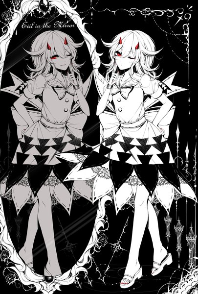 Anime-Bild 2500x3700 mit touhou kijin seija sheya single long hair tall image looking at viewer highres smile red eyes full body white hair one eye closed horn (horns) short sleeves puffy sleeves hand on hip text monochrome reflection