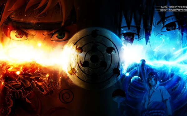 Anime picture 1920x1200 with naruto studio pierrot naruto (series) uzumaki naruto uchiha sasuke mekk33 highres short hair black hair blonde hair red eyes wide image green eyes magic light close-up jinchuriki sharingan boy bandana