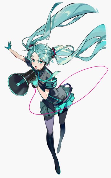 Anime picture 2812x4500 with vocaloid koi wa sensou (vocaloid) hatsune miku karasu btk single long hair tall image looking at viewer highres open mouth simple background twintails full body :d pleated skirt aqua eyes aqua hair grey background outstretched arm heart print