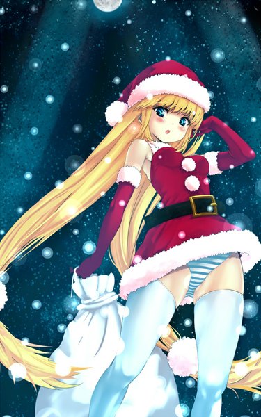 Anime picture 626x1000 with original zizi (zz22) single tall image looking at viewer blush fringe open mouth blue eyes light erotic blonde hair standing bare shoulders very long hair night from below pantyshot fur trim snowing christmas