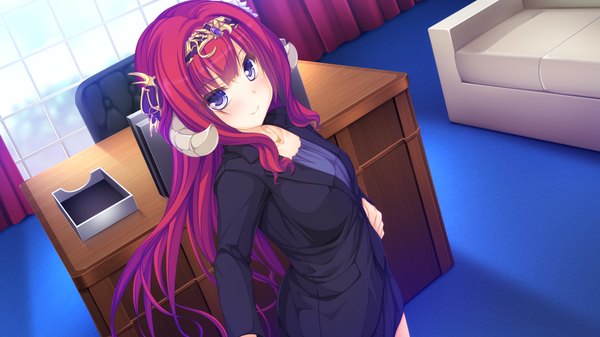 Anime picture 1920x1080 with world election whirlpool (studio) sophia usty single long hair looking at viewer highres blue eyes wide image game cg red hair horn (horns) girl headband