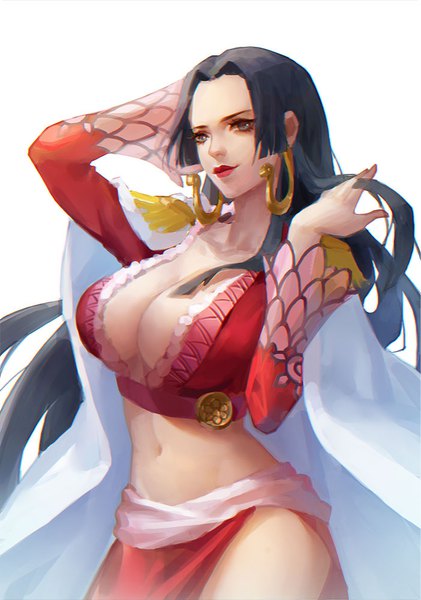 Anime picture 702x1000 with one piece toei animation boa hancock dywx poison single long hair tall image looking at viewer breasts light erotic black hair simple background large breasts white background payot cleavage black eyes midriff lipstick adjusting hair