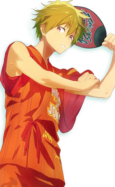 Anime picture 569x922 with idolmaster idolmaster side-m akiyama hayato map (map imas) single tall image looking at viewer fringe short hair simple background hair between eyes white background brown eyes traditional clothes japanese clothes green hair boy fan paper fan