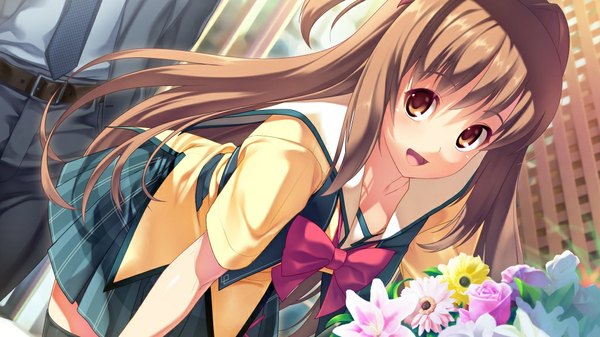 Anime picture 1024x576 with d-eve in you akatsuki shion long hair open mouth brown hair wide image brown eyes game cg girl flower (flowers)