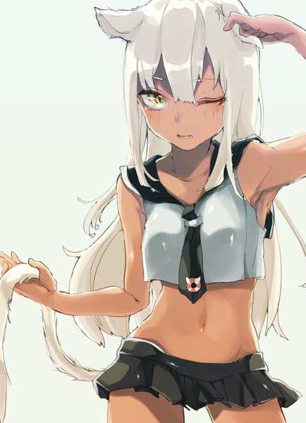 Anime picture 1295x1788 with original uni (melm) single long hair tall image looking at viewer blush simple background standing holding animal ears yellow eyes silver hair tail animal tail pleated skirt one eye closed cat ears grey background bare belly