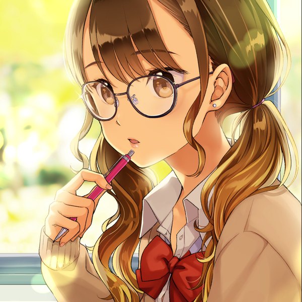 Anime picture 1950x1950 with original matsuzaki miyuki single long hair fringe highres open mouth hair between eyes brown hair twintails holding brown eyes payot looking away upper body sunlight low twintails lens flare girl earrings