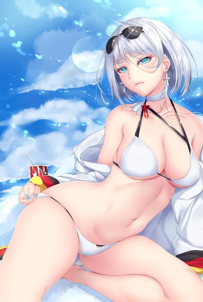 Anime picture 850x1260 with azur lane tirpitz (azur lane) tirpitz (snow-melting summer) (azur lane) shiro usagi single tall image looking at viewer blush fringe short hair breasts blue eyes light erotic hair between eyes sitting bare shoulders sky cleavage silver hair cloud (clouds)