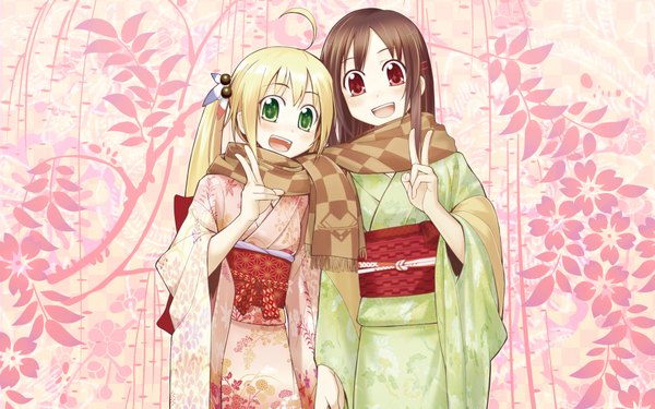 Anime picture 1920x1200 with original orda long hair looking at viewer blush highres open mouth blonde hair red eyes brown hair wide image twintails multiple girls green eyes ahoge japanese clothes wallpaper victory shared scarf girl
