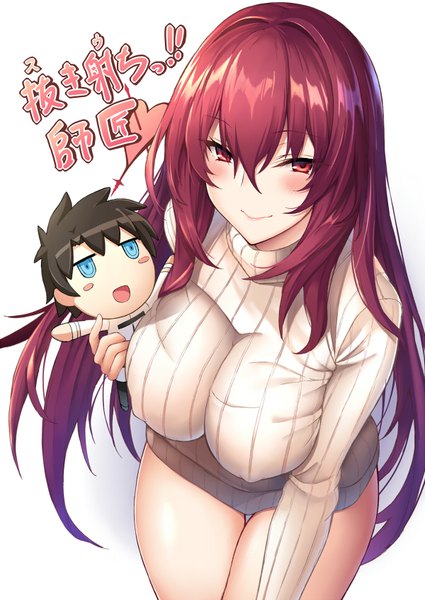 Anime picture 600x847 with fate (series) fate/grand order scathach (fate) (all) scathach (fate) fujimaru ritsuka (male) nakatama kyou single long hair tall image looking at viewer blush fringe breasts light erotic simple background smile hair between eyes red eyes large breasts standing