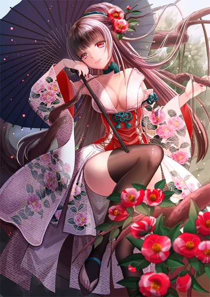 Anime picture 620x877 with original tamaki mitsune single long hair tall image looking at viewer fringe breasts light erotic smile red eyes brown hair large breasts standing holding payot cleavage bent knee (knees) outdoors blunt bangs