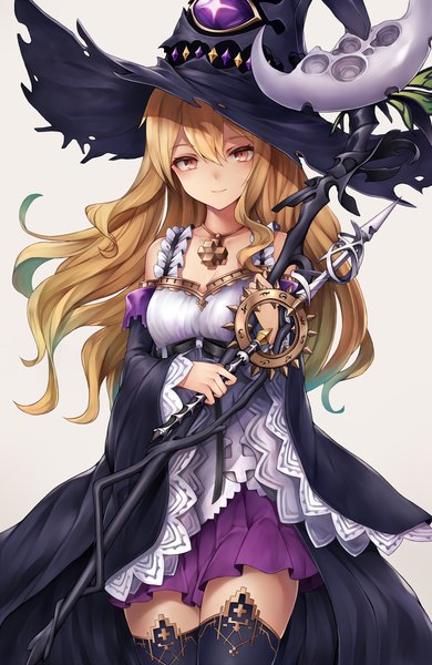 Anime picture 1500x2306 with shingeki no bahamut shadowverse dorothy (shingeki no bahamut) snm (sunimi) single long hair tall image looking at viewer fringe simple background blonde hair smile hair between eyes red eyes standing holding grey background wide sleeves girl dress
