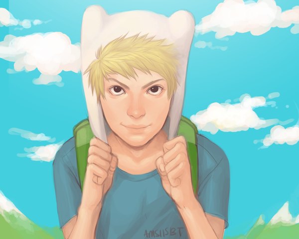 Anime picture 1280x1024 with adventure time amsbt single blonde hair brown eyes signed sky cloud (clouds) light smile realistic boy hat t-shirt fist