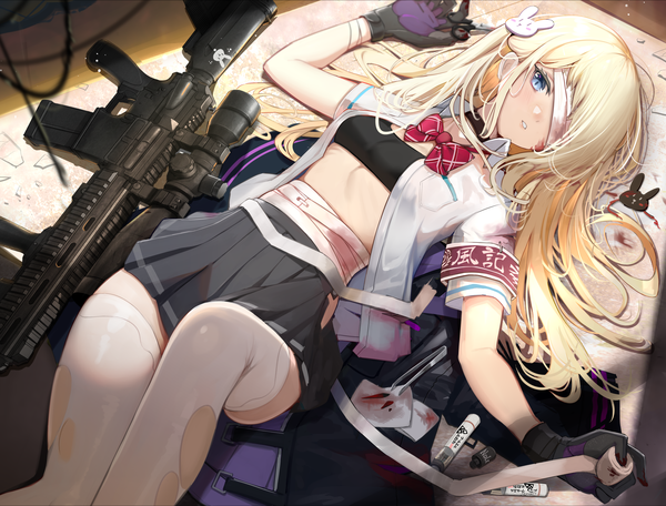Anime-Bild 3028x2299 mit original hukahire0120 single long hair looking at viewer blush highres blue eyes blonde hair absurdres bent knee (knees) lying parted lips pleated skirt from above on back bandage over one eye girl thighhighs skirt