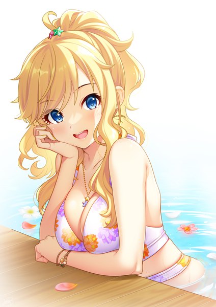 Anime picture 2026x2865 with idolmaster idolmaster cinderella girls ootsuki yui mikapoe single long hair tall image looking at viewer blush fringe highres breasts open mouth blue eyes light erotic simple background blonde hair smile large breasts white background