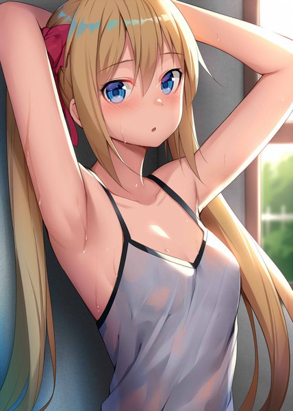 Anime picture 1071x1500 with original alexmaster single long hair tall image looking at viewer blush fringe blue eyes light erotic blonde hair hair between eyes twintails payot upper body parted lips :o armpit (armpits) sweat sleeveless
