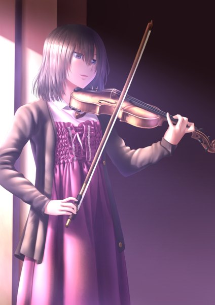 Anime picture 1000x1414 with original ese shinshi single tall image short hair blue eyes black hair girl dress musical instrument violin bow (instrument)