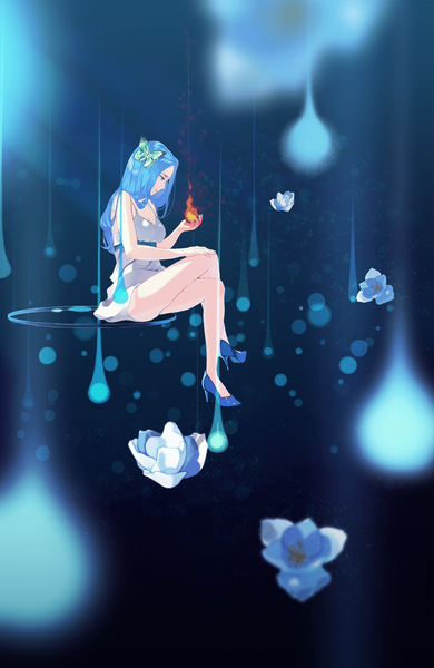 Anime picture 1181x1817 with original haruwakame long hair tall image breasts blue eyes sitting holding blue hair crossed legs glowing girl dress hair ornament flower (flowers) shoes insect butterfly fire