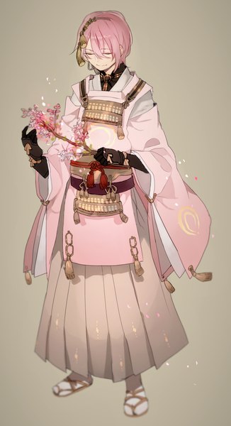Anime picture 779x1433 with touken ranbu nitroplus mikazuki munechika newo (shinra-p) single tall image fringe short hair smile standing pink hair full body eyes closed traditional clothes japanese clothes wide sleeves alternate color alternate hair color boy gloves