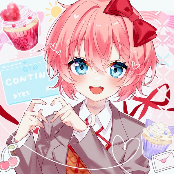 Anime picture 1900x1900 with doki doki literature club sayori (doki doki literature club) agent ruri single looking at viewer blush fringe highres short hair open mouth blue eyes smile hair between eyes pink hair upper body long sleeves :d inscription text english