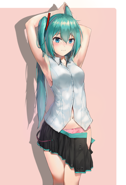 Anime picture 2387x3508 with vocaloid hatsune miku kitk qun single long hair tall image looking at viewer blush fringe highres breasts light erotic simple background hair between eyes standing aqua eyes aqua hair arms up shadow armpit (armpits)