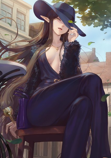Anime picture 1302x1842 with fate (series) fate/apocrypha semiramis (fate) mashuu (neko no oyashiro) single tall image looking at viewer fringe breasts open mouth light erotic brown hair large breasts sitting yellow eyes sky cleavage outdoors long sleeves very long hair