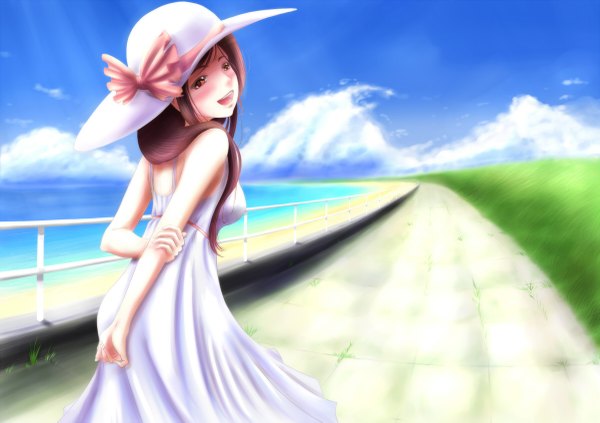 Anime picture 1200x847 with original harimu ohagi single long hair open mouth red eyes brown hair sky cloud (clouds) :d looking back holding arm girl hat sundress