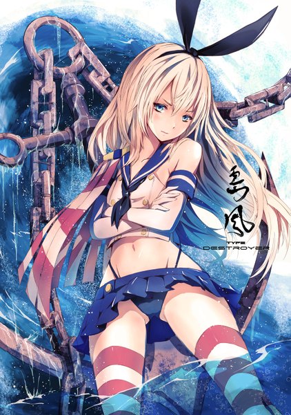 Anime picture 1039x1476 with kantai collection shimakaze destroyer merontomari single long hair tall image looking at viewer blue eyes light erotic blonde hair midriff bunny ears crossed arms girl thighhighs gloves navel underwear panties miniskirt