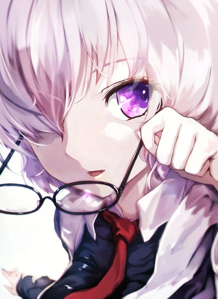 Anime picture 712x977 with fate (series) fate/grand order mash kyrielight nekoya (liu) single tall image fringe short hair open mouth purple eyes looking away pink hair hair over one eye outstretched arm close-up eyewear removed girl glasses necktie