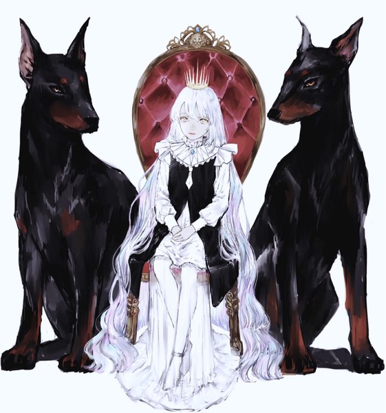 Anime picture 1910x2042 with original shirone (coxo ii) single tall image looking at viewer fringe highres simple background hair between eyes white background sitting yellow eyes full body white hair long sleeves very long hair no shoes pale skin hands clasped giant animal