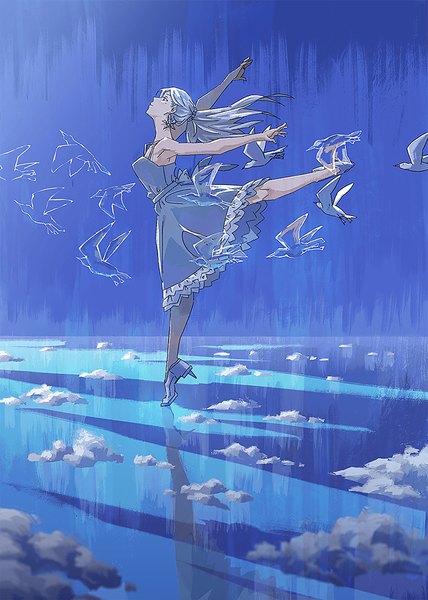 Anime picture 744x1044 with original agas (vpwt7475) single long hair tall image bare shoulders looking away silver hair full body ponytail profile reflection dancing girl dress earrings animal bird (birds) blue dress