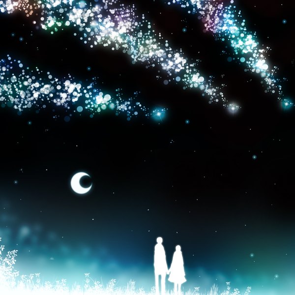 イラスト 1654x1654 と オリジナル ハラダミユキ 短い髪 立つ holding night holding hands silhouette 女の子 男性 植物 月 星
