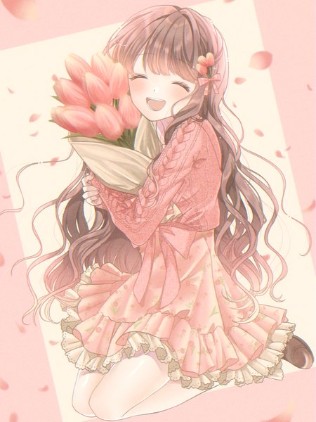 Anime picture 768x1024 with original konpeito1025 single long hair tall image blush fringe open mouth brown hair sitting blunt bangs eyes closed happy wavy hair ^ ^ ^o^ girl dress flower (flowers) petals
