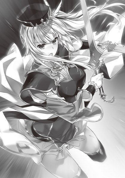 Anime picture 1075x1536 with madan no ou to vanadis madan no ou to seisen no carnwenhan limlisha yasaka minato single long hair tall image looking at viewer blush fringe breasts open mouth holding payot official art :o floating hair side ponytail monochrome fighting stance