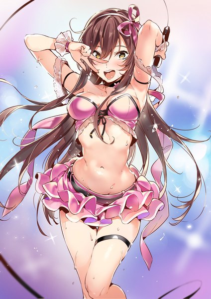 Anime-Bild 1500x2121 mit idolmaster idolmaster shiny colors oosaki amana yuran (cozyquilt) single long hair tall image looking at viewer fringe breasts open mouth light erotic smile hair between eyes brown hair standing bare shoulders brown eyes cleavage ahoge