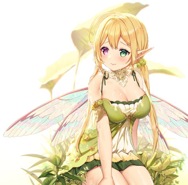 Anime picture 1400x1379 with original rosuuri single long hair blush fringe breasts light erotic simple background blonde hair large breasts white background sitting twintails bare shoulders green eyes signed payot looking away pleated skirt