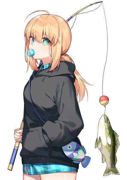Anime picture 1000x1414 with fate (series) fate/stay night animal crossing artoria pendragon (all) saber kamiowl single long hair tall image fringe simple background blonde hair hair between eyes white background green eyes ahoge low ponytail crossover bubble blowing girl