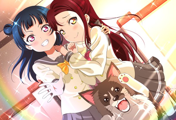 Anime picture 3427x2339 with love live! sunshine!! sunrise (studio) love live! sakurauchi riko tsushima yoshiko anko (love live! sunshine!!) isami don long hair looking at viewer blush highres smile multiple girls yellow eyes blue hair absurdres red hair pink eyes light smile sparkle