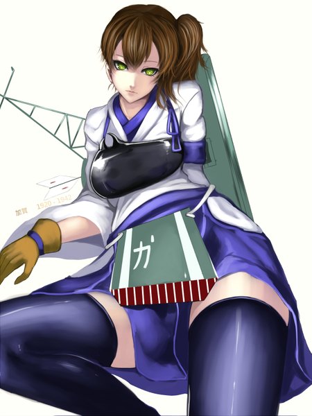 Anime picture 1200x1600 with kantai collection kaga aircraft carrier kumiko shiba single tall image looking at viewer fringe short hair light erotic simple background brown hair white background green eyes side ponytail girl thighhighs gloves armor clothes breastplate