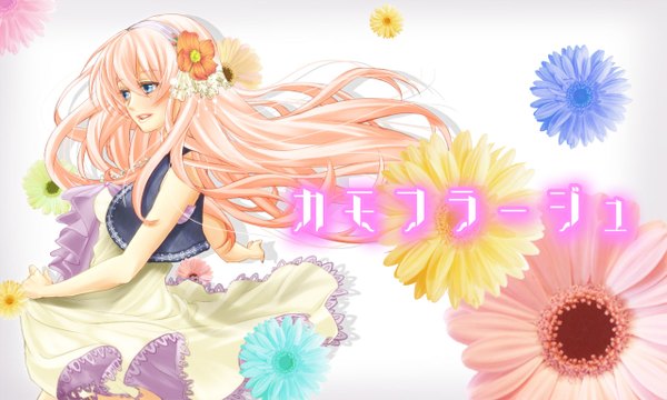 Anime picture 1280x768 with vocaloid megurine luka masami chie single long hair blush open mouth blue eyes wide image white background looking away pink hair very long hair hair flower orange hair sleeveless looking down spread arms girl dress