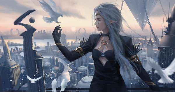 Anime picture 8951x4731 with original wlop single long hair fringe highres breasts wide image looking away absurdres sky cleavage silver hair cloud (clouds) profile arm up pointy ears arm support tattoo lipstick