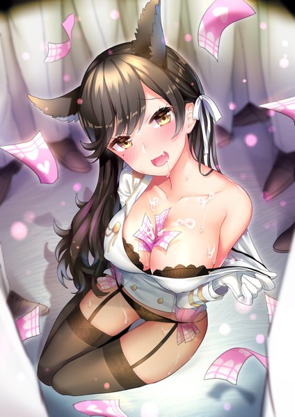 Anime picture 1000x1415 with azur lane atago (azur lane) silveroid long hair tall image looking at viewer blush breasts open mouth light erotic black hair large breasts animal ears yellow eyes cleavage from above solo focus saliva extra ears girl