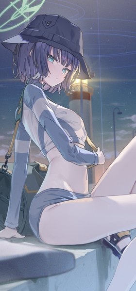 Anime picture 1911x4100 with blue archive saki (blue archive) saki (swimsuit) (blue archive) ningen mame single tall image looking at viewer blush fringe highres short hair blue eyes light erotic sitting purple hair outdoors blunt bangs long sleeves night midriff
