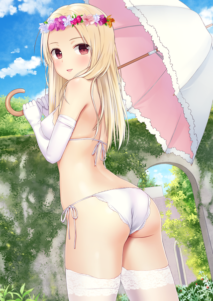 Anime picture 2894x4093 with original n.g. single long hair tall image looking at viewer blush highres breasts open mouth light erotic blonde hair smile red eyes standing holding sky cloud (clouds) outdoors ass