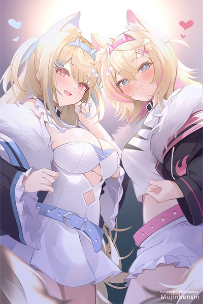 Anime picture 667x1000 with virtual youtuber hololive hololive english mococo abyssgard fuwawa abyssgard mococo abyssgard (1st costume) fuwawa abyssgard (1st costume) mujinbi single long hair tall image looking at viewer blush fringe short hair breasts blue eyes light erotic blonde hair hair between eyes