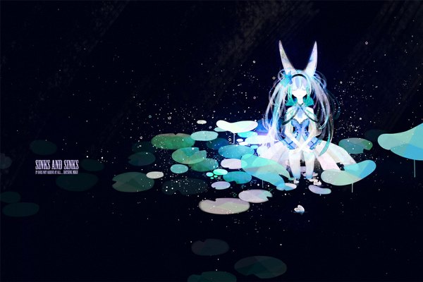 Anime picture 1000x667 with vocaloid hatsune miku 10t (pixiv) single long hair twintails animal ears eyes closed multicolored hair inscription girl dress water hairband water lily