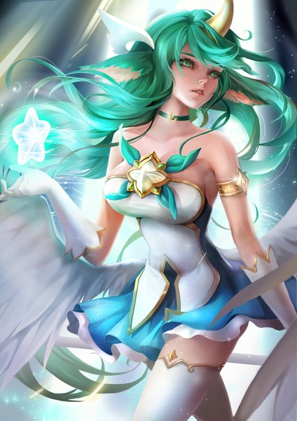 Anime picture 1500x2122 with league of legends soraka (league of legends) star guardian soraka xiuluoyi00 single long hair tall image fringe breasts light erotic standing bare shoulders green eyes looking away parted lips horn (horns) green hair pointy ears floating hair turning head